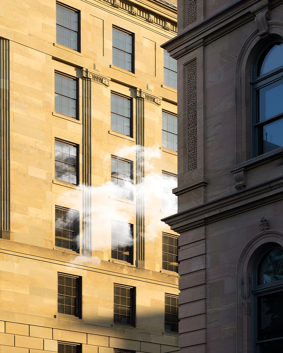 smoke coming from between buildings, city, urban, architecture HD wallpaper