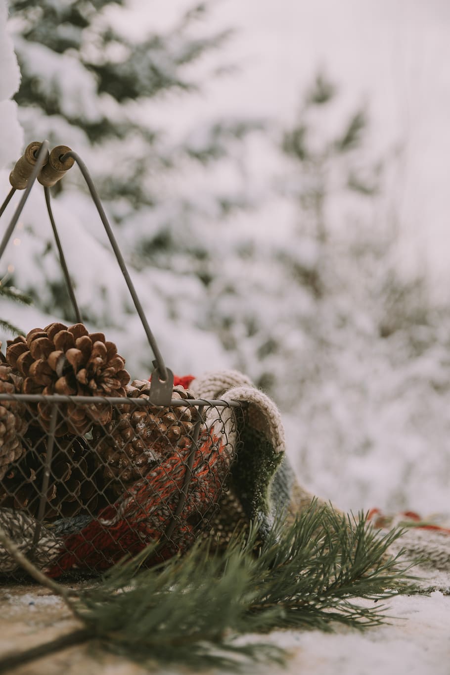 round gray wire basket with pine cone, plant, vase, pottery, jar HD wallpaper