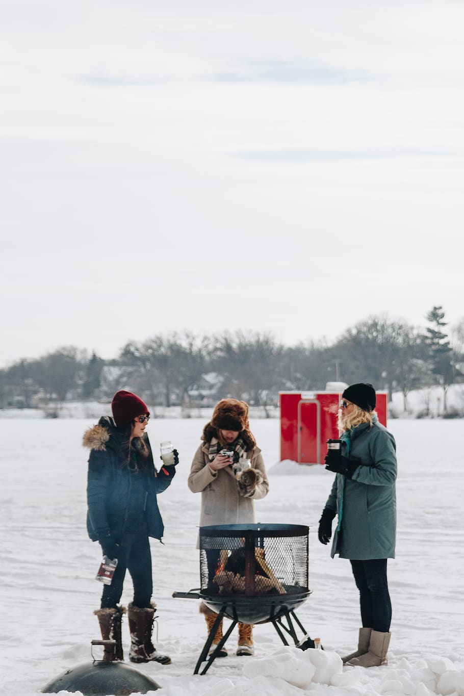 fire pit between three women, human, person, clothing, apparel HD wallpaper