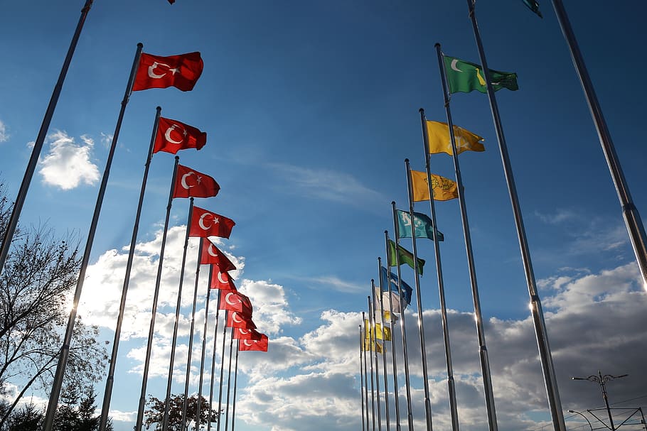 turkish flag, sky, cloud, blue, yellow, direct, green, turkey HD wallpaper