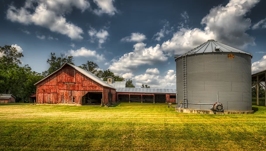landscape, farm, grain bin, sky, clouds, panorama, feed lot HD wallpaper