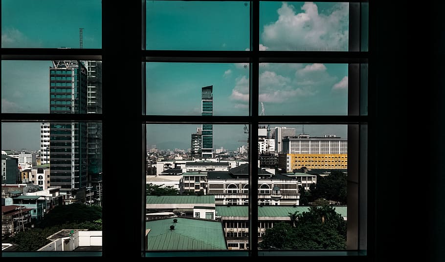 high rise buildings under blue sky, window, city, skyline, cityscape, HD wallpaper