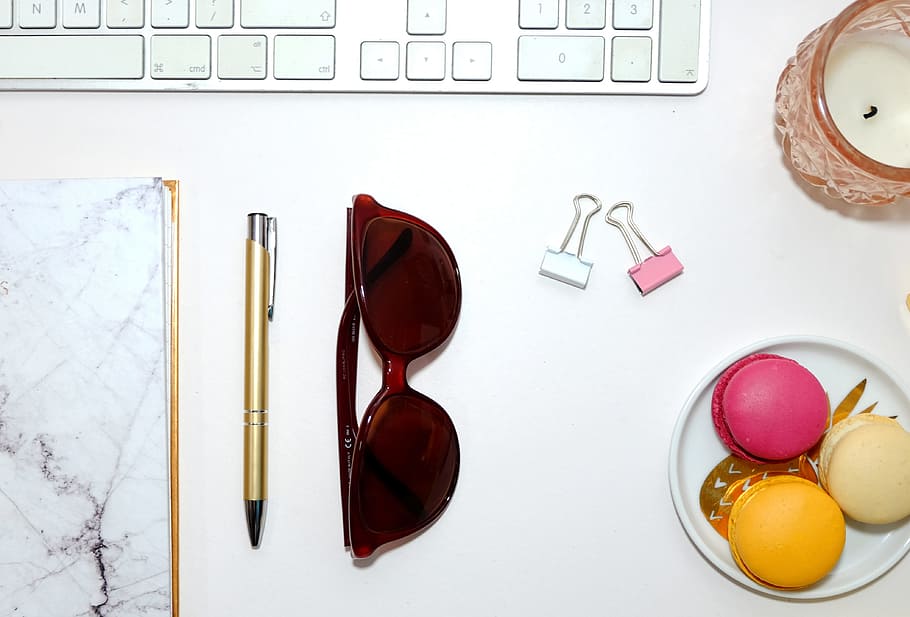 Flatlay, apple keyboard, candle, desk, girl, macaroons, marble HD wallpaper