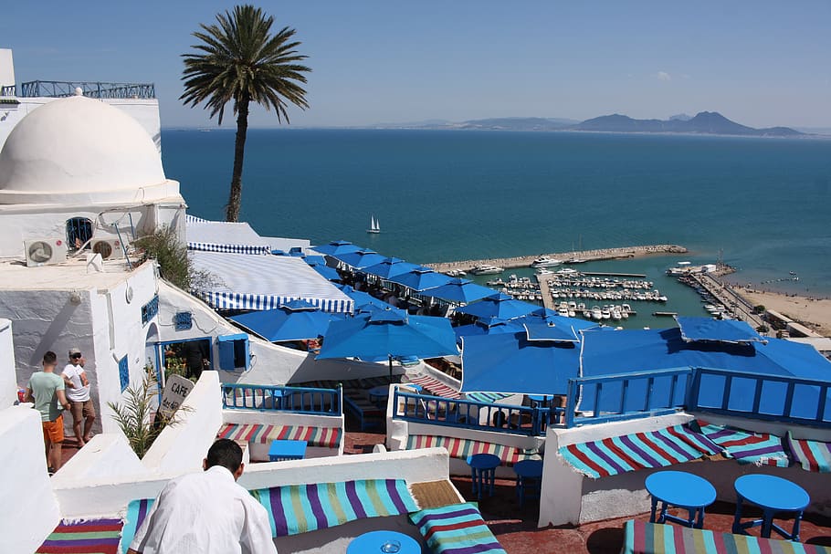 tunis, tunisia, sidi-bou-said, sea, color, cafe, port, vacations, HD wallpaper