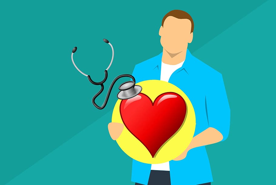 Illustration of man holding heart icon, heath care concept., blood