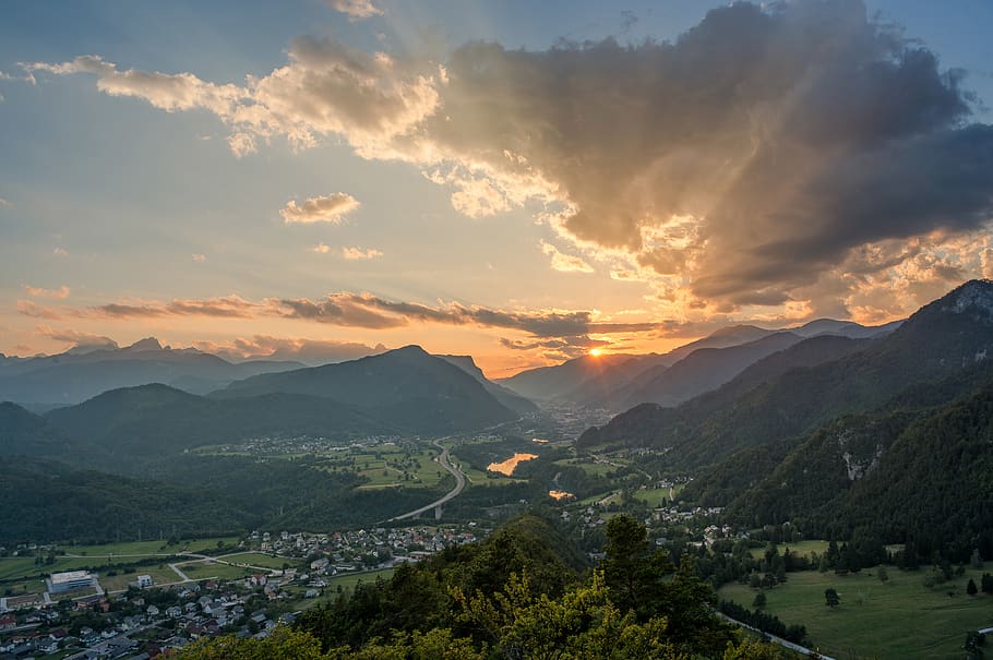 vivid, orange, red, cloud, sava, river, slovenium, jesenice HD wallpaper