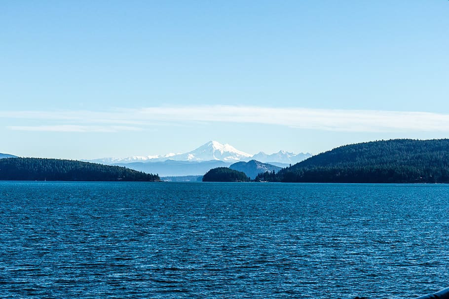 mountains, lake, water, trees, hills, peaks, snow, landscape HD wallpaper