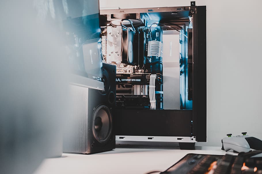 black speaker beside computer tower on desk, furniture, screen HD wallpaper