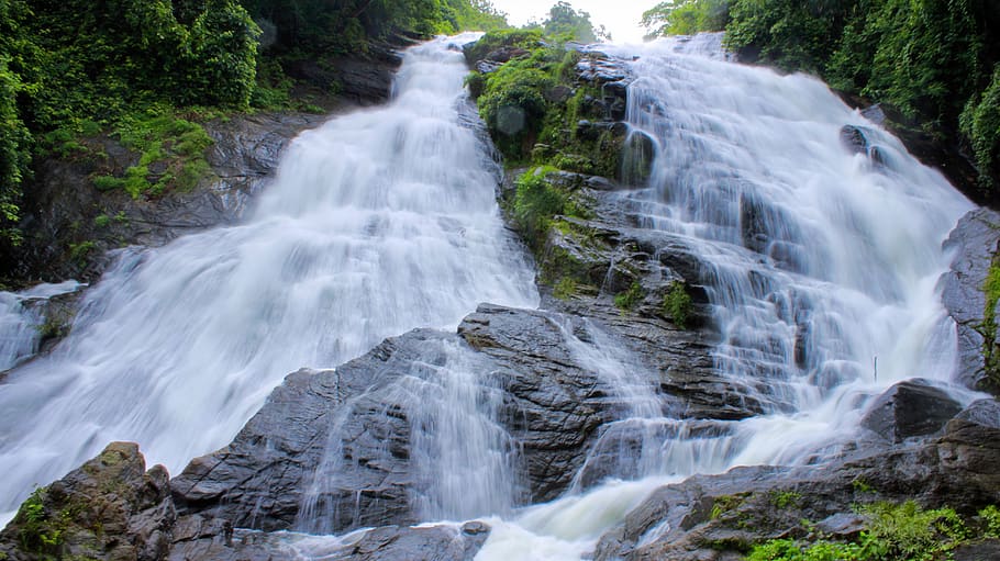 Water Falls and Mountain, boulder, environment, flow, forest HD wallpaper