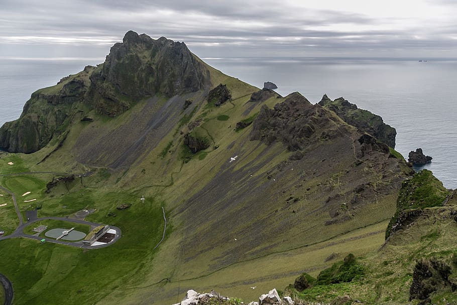 Aerial Photography of Brown and Green Mountain, clouds, daylight HD wallpaper