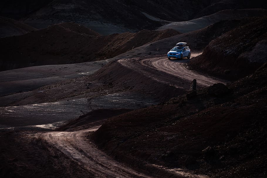 blue car on zig zag road, transportation, mode of transportation HD wallpaper