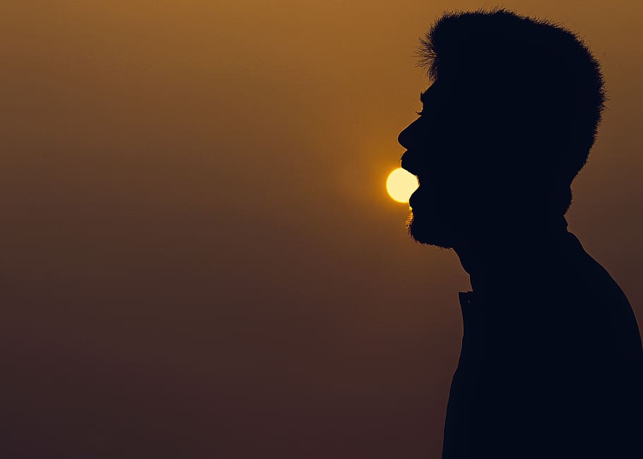 Silhouette of Man over the Horizon, backlit, evening, evening sun HD wallpaper