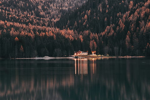 Landscape Photography Of House Near Woods And Calm Body Of Water HD wallpaper