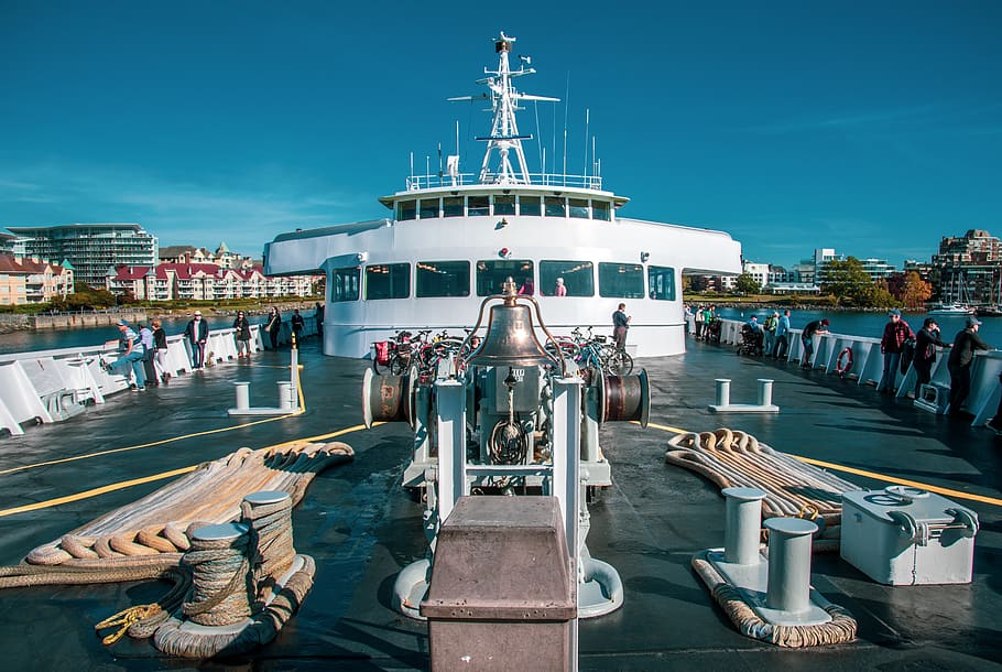 ferry, coho, victoria, deck, bell, front, ropes, nautical vessel, HD wallpaper