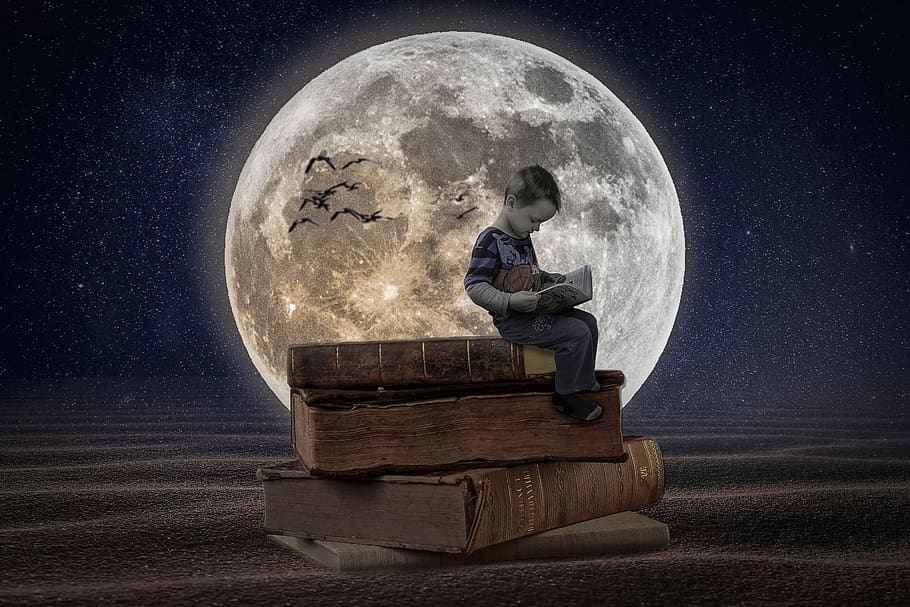 manipulation, books, boy, moon, desert, milky way, birds, space HD wallpaper