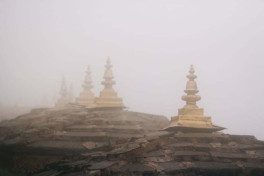 bhutan, temples, gold, mist, roofs, religion, architecture HD wallpaper