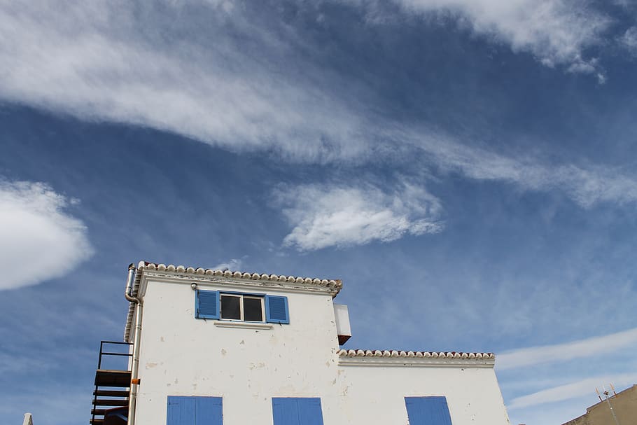 verano, cielo, nubes, azul, casa de la playa, mediterraneo, HD wallpaper