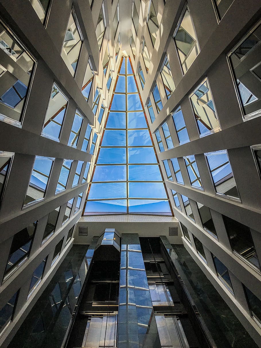 lines, depth, perspective, architecture, forms, design, blue HD wallpaper