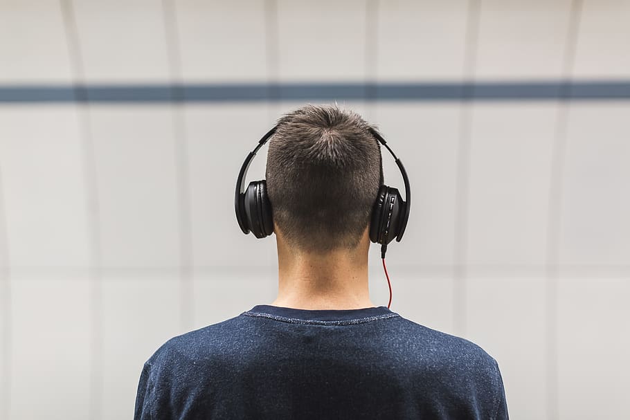 Man Wearing Black Headphones, actor, adult, back view, indoors