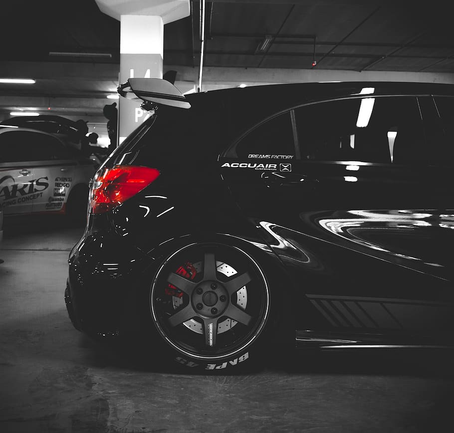black 5-door hatchback on parking lot, car, vehicle, transportation, HD wallpaper