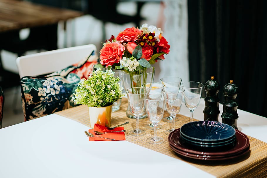 assorted dinnerware on table, plant, blossom, flower arrangement HD wallpaper