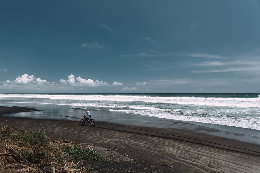 bali, indonesia, sand, ocean, nature, cost, shore, costal, motorcycle, HD wallpaper