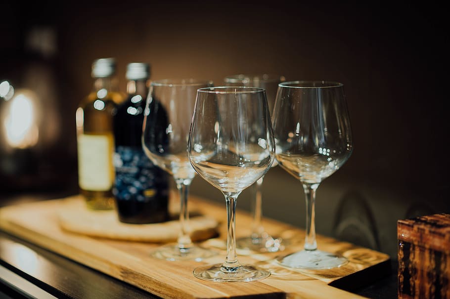four clear glass goblets, alcohol, drink, food and drink, refreshment HD wallpaper
