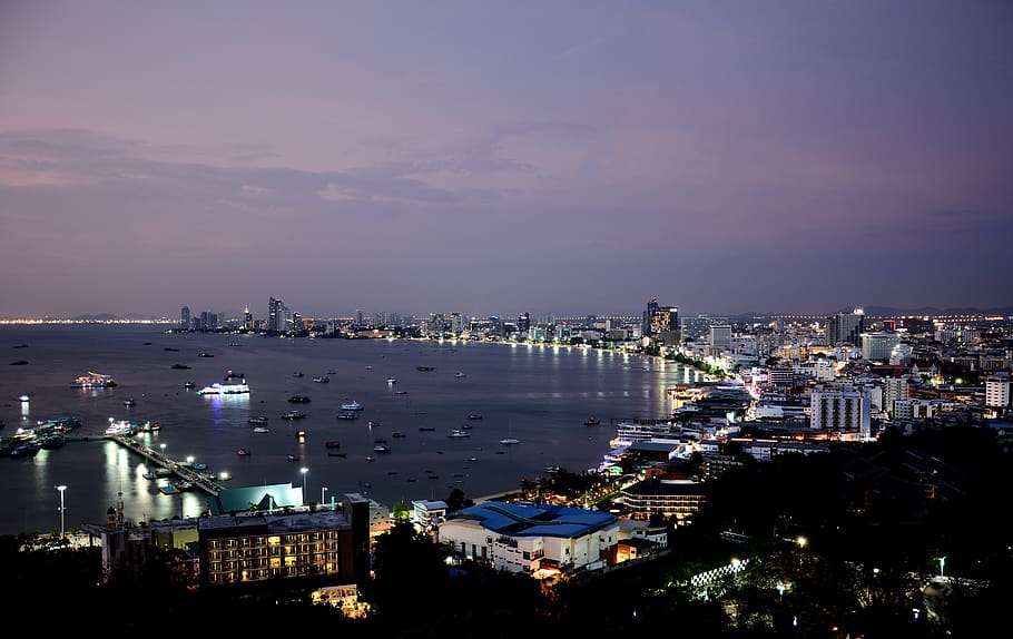thailand, pattaya city, skyline, beach at night, building exterior