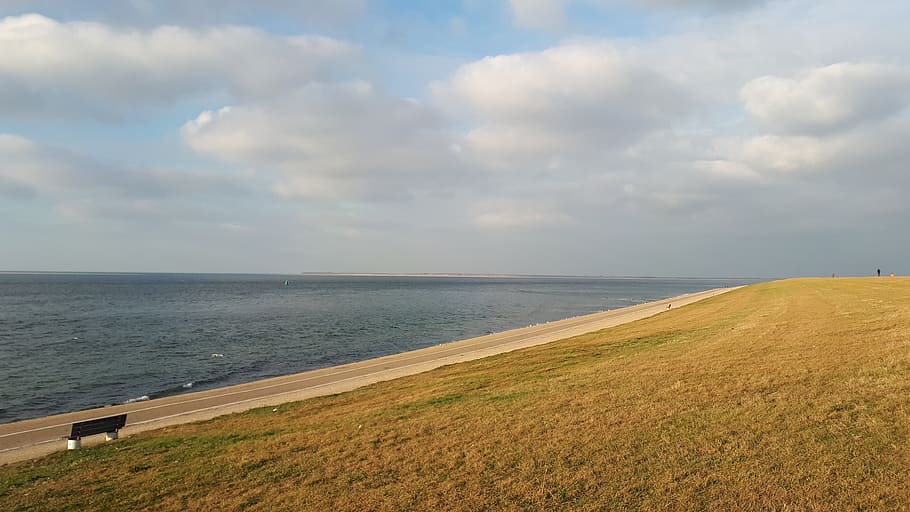 sea, coast, water, clouds, netherlands, bank, seascape, sky HD wallpaper