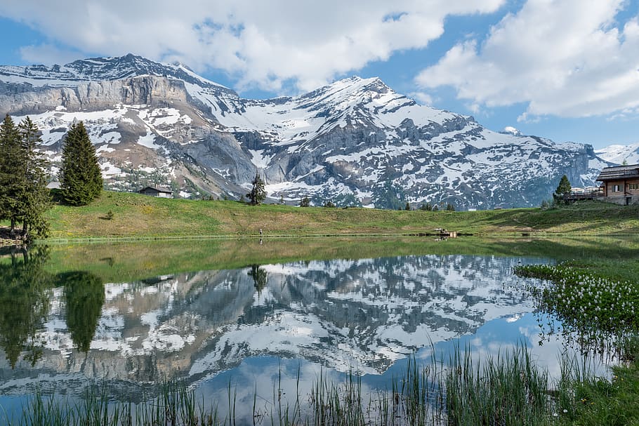 switzerland, landscape, hike, cloud, pond, mountain, snow, lake HD wallpaper