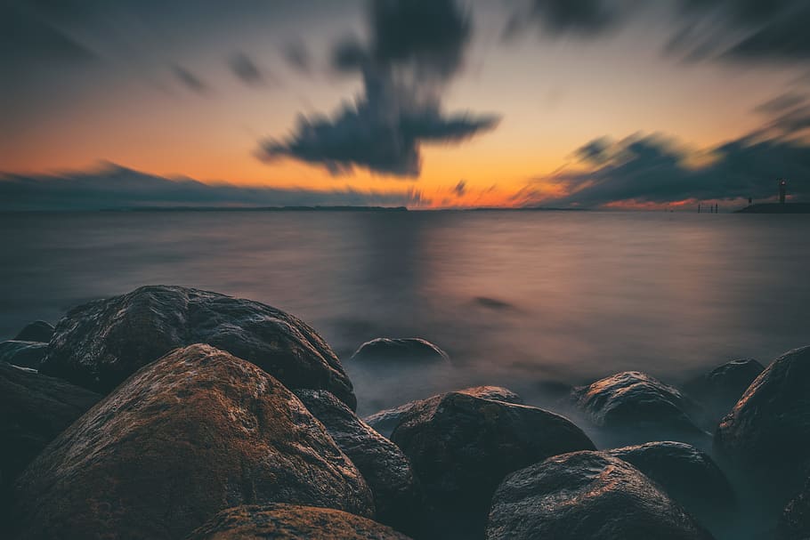 denmark, aarhus, sky, sunrise, stone, water, seascape, surface HD wallpaper