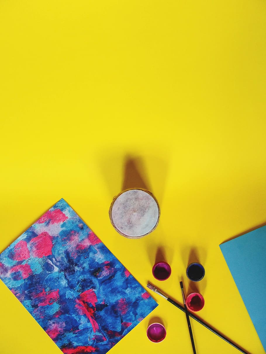 background, yellow, paints, workspace, minimalism, indoors HD wallpaper