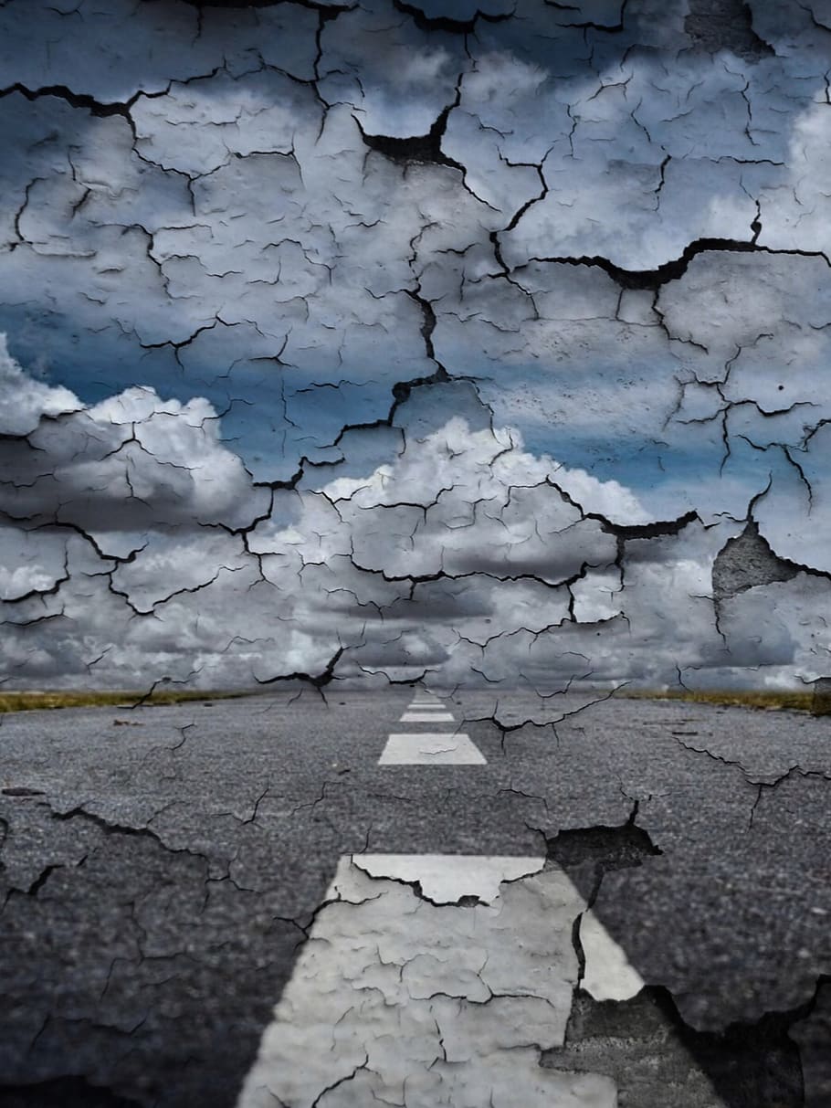 Grey Road Painting, asphalt, close-up, clouds, cracked, drive HD wallpaper
