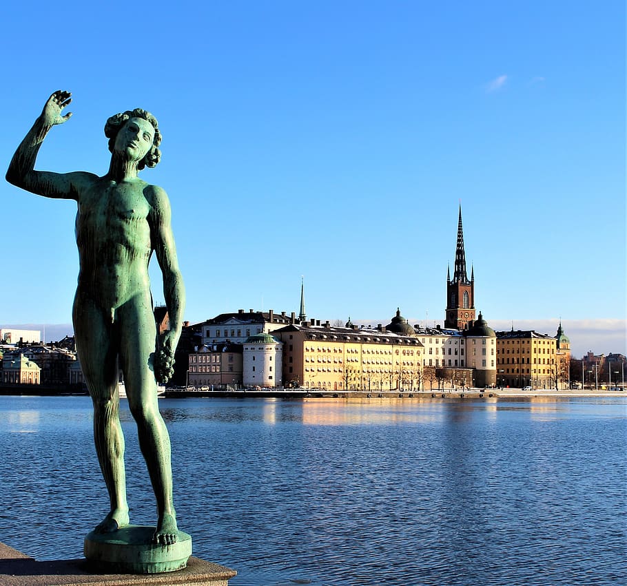 statue, architecture, buildings, water, sea, himmel, winter HD wallpaper