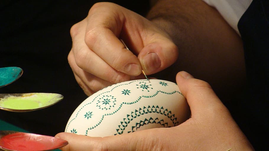 Person Holding Oval White and Green Ornament, art, creative, easter HD wallpaper