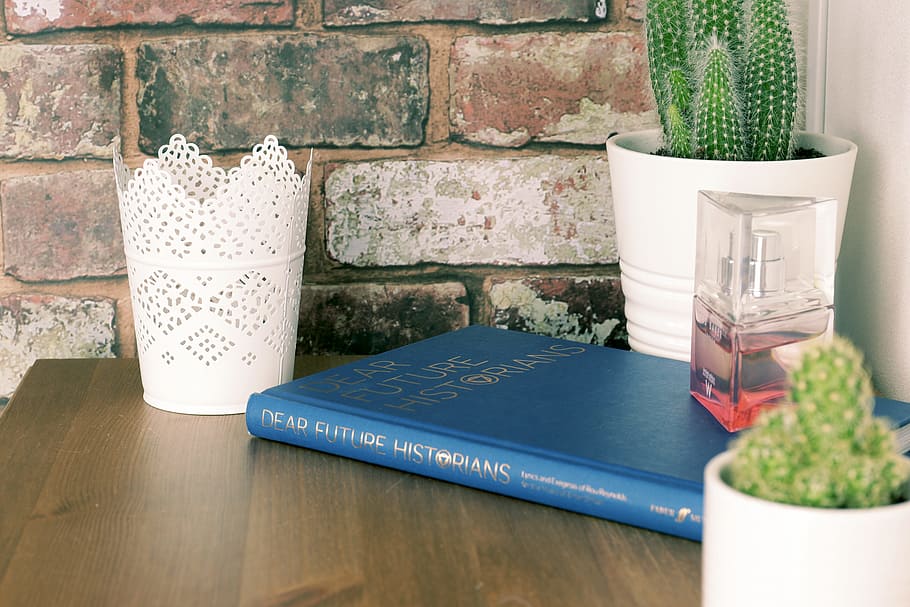 Blue Book on Brown Wooden Table with flower vases, brick, brick texture, HD wallpaper