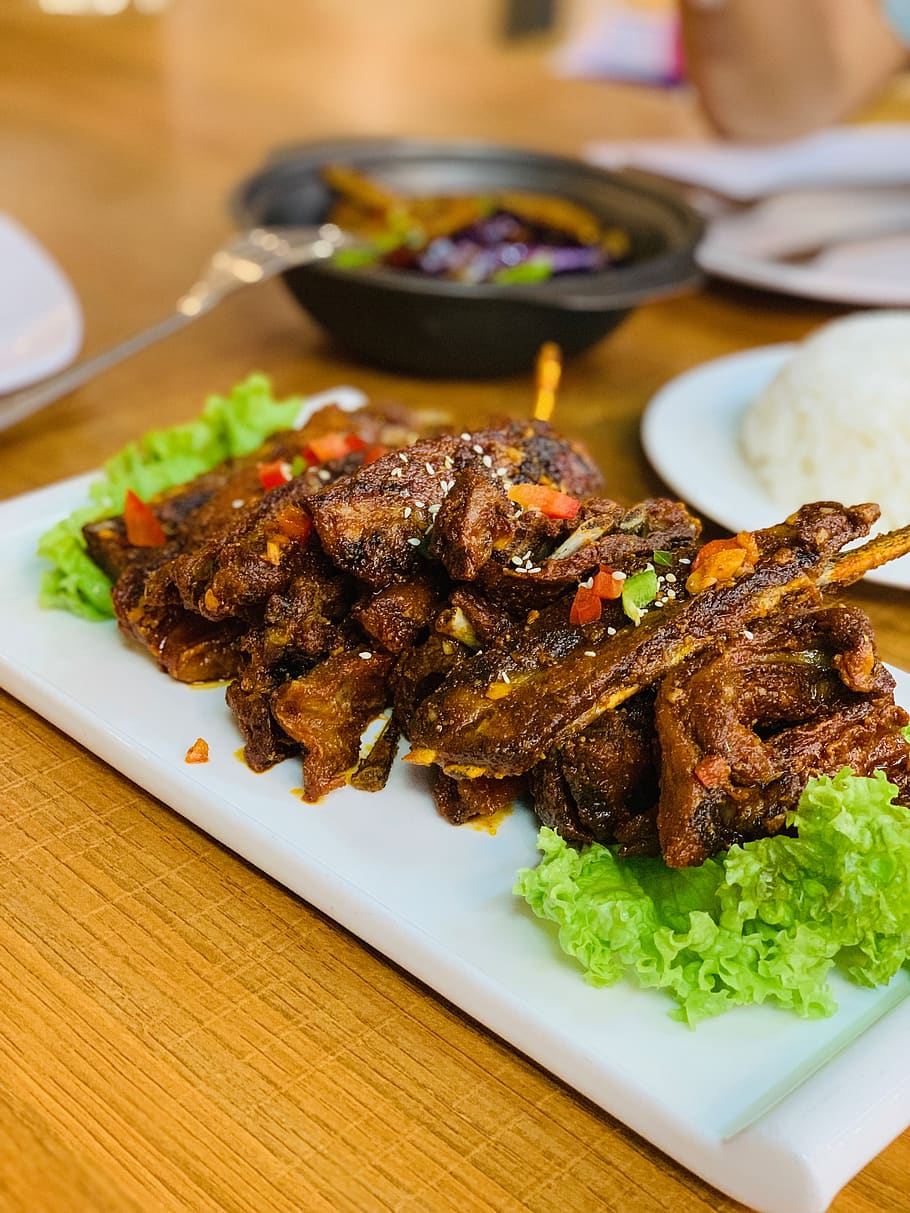cooked ribs, food, meat, food and drink, ready-to-eat, table HD wallpaper