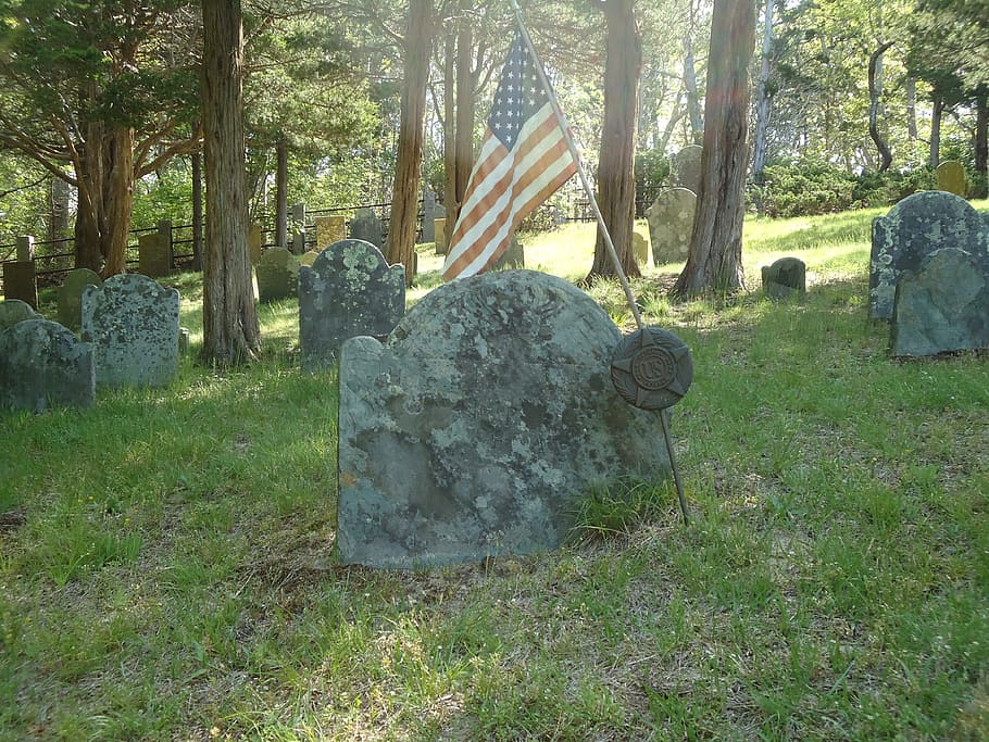 gravestone, headstone, flag, american, revolution, cemetery, HD wallpaper