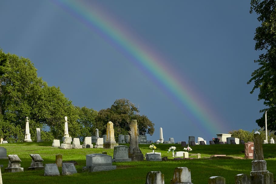 rainbow, cemetery, sky, outside, tombstone, graves, graveyard HD wallpaper