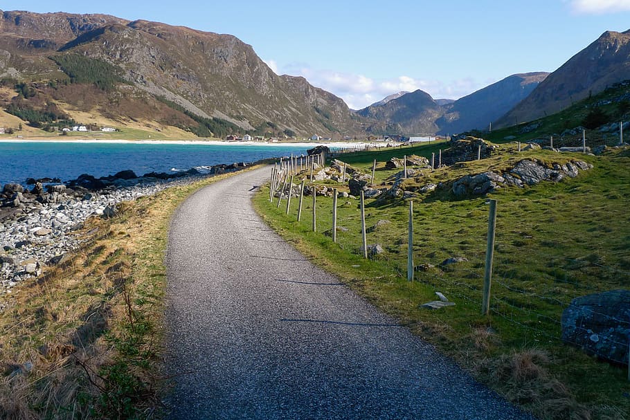 norway, refvik, fence, beach, stone, sea, road, clean, mountain HD wallpaper