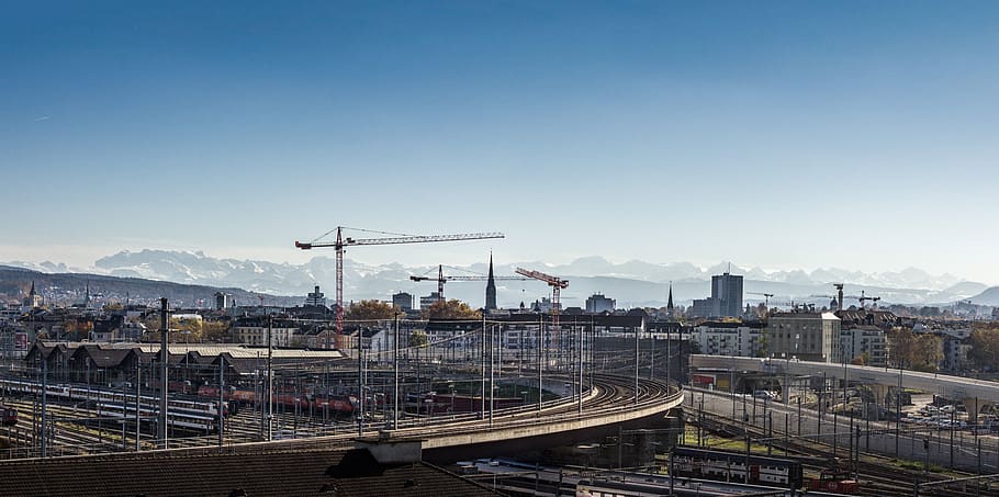 architecture, buildings, infrastructure, blue, sky, tower, crane HD wallpaper