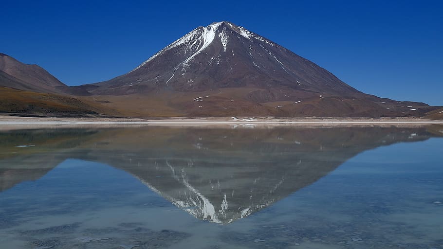 volcano, mountain, lagoon, lake, landscape, panorama, reflection HD wallpaper