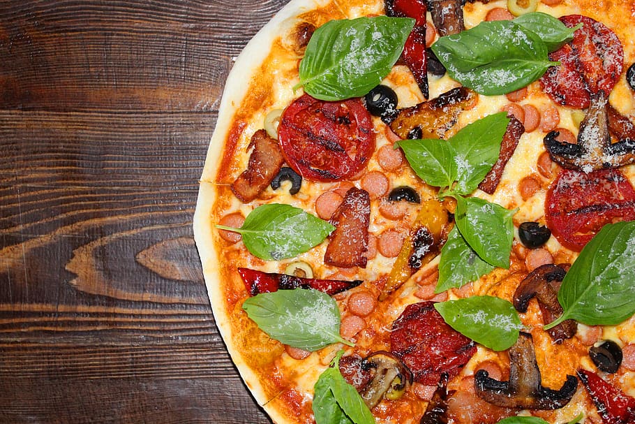 pizza, table, food, food and drink, basil, vegetable, herb, HD wallpaper