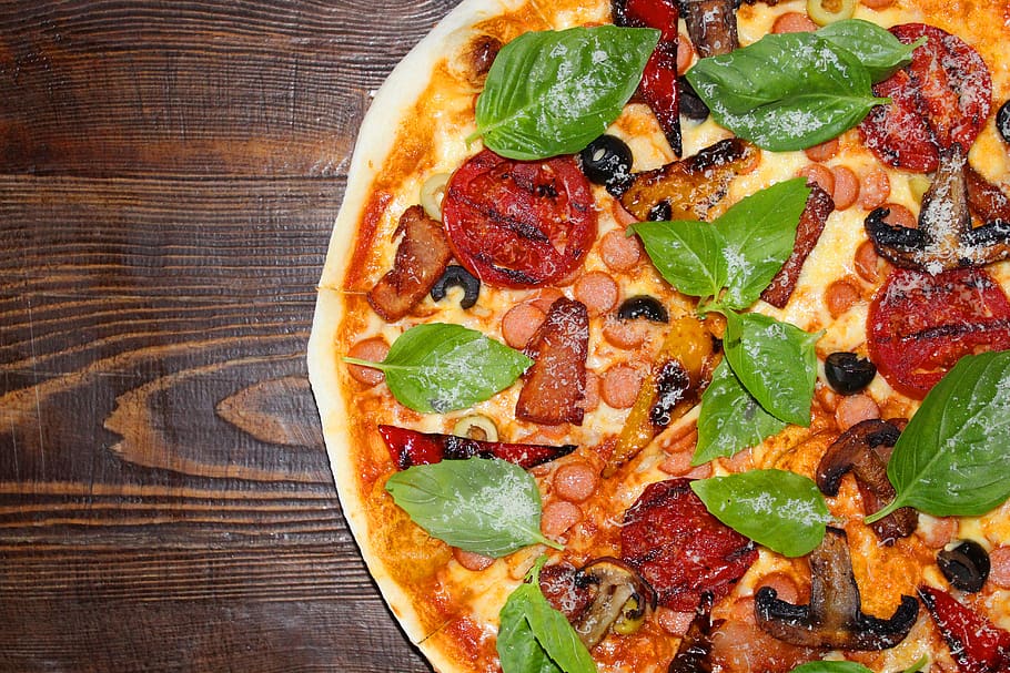 pizza, table, food, food and drink, basil, vegetable, herb HD wallpaper