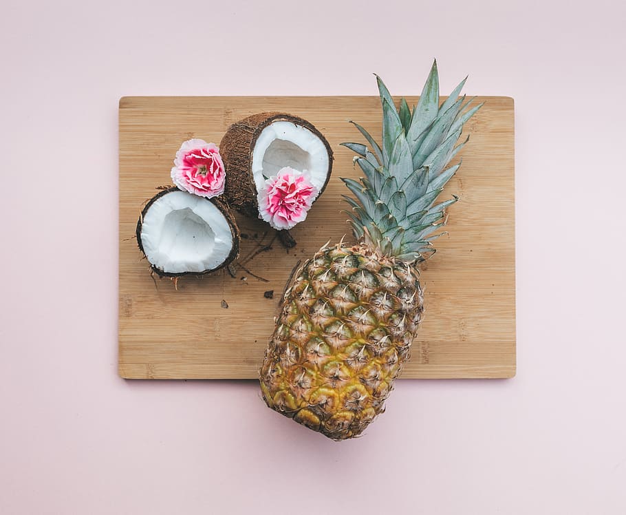 pineapple fruit beside coconut on top of chopping board, plant, HD wallpaper