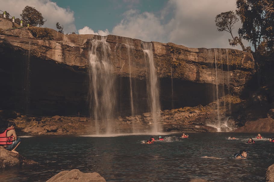 waterfalls view, nature, outdoors, river, person, human, india HD wallpaper