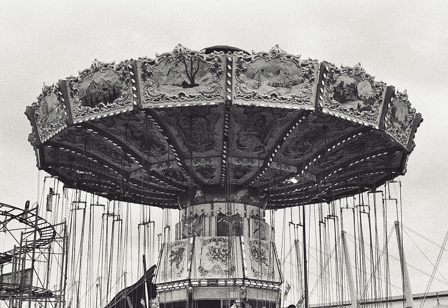 grey carousel, amusement park ride, sky, low angle view, arts culture and entertainment