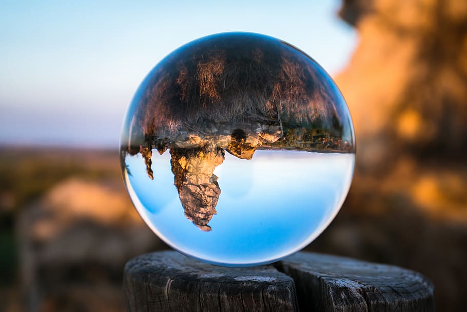 Clear Glass Ball Decor, blur, daylight, globe, sand stone, sphere HD wallpaper