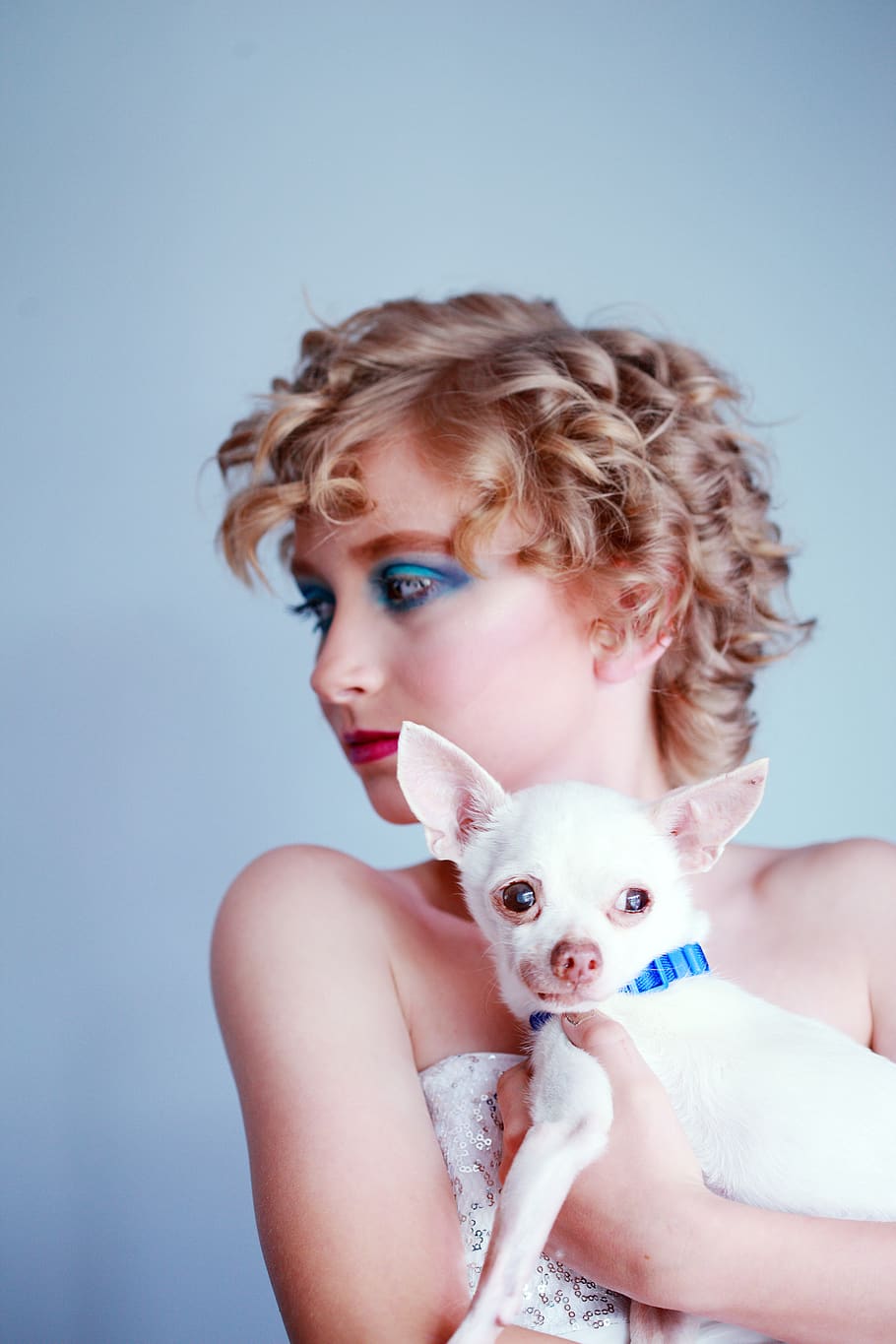 Woman Holding White Dog, adorable, animal, beautiful, blonde, HD wallpaper