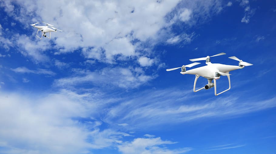 2 Quadcopter Under Blue Sky and White Clouds, aerial, aircraft HD wallpaper